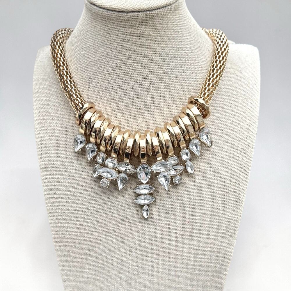 Y2K Mesh Necklace Gold Tone Statement Clear Rhinestone Crystal Bib Woven Chain